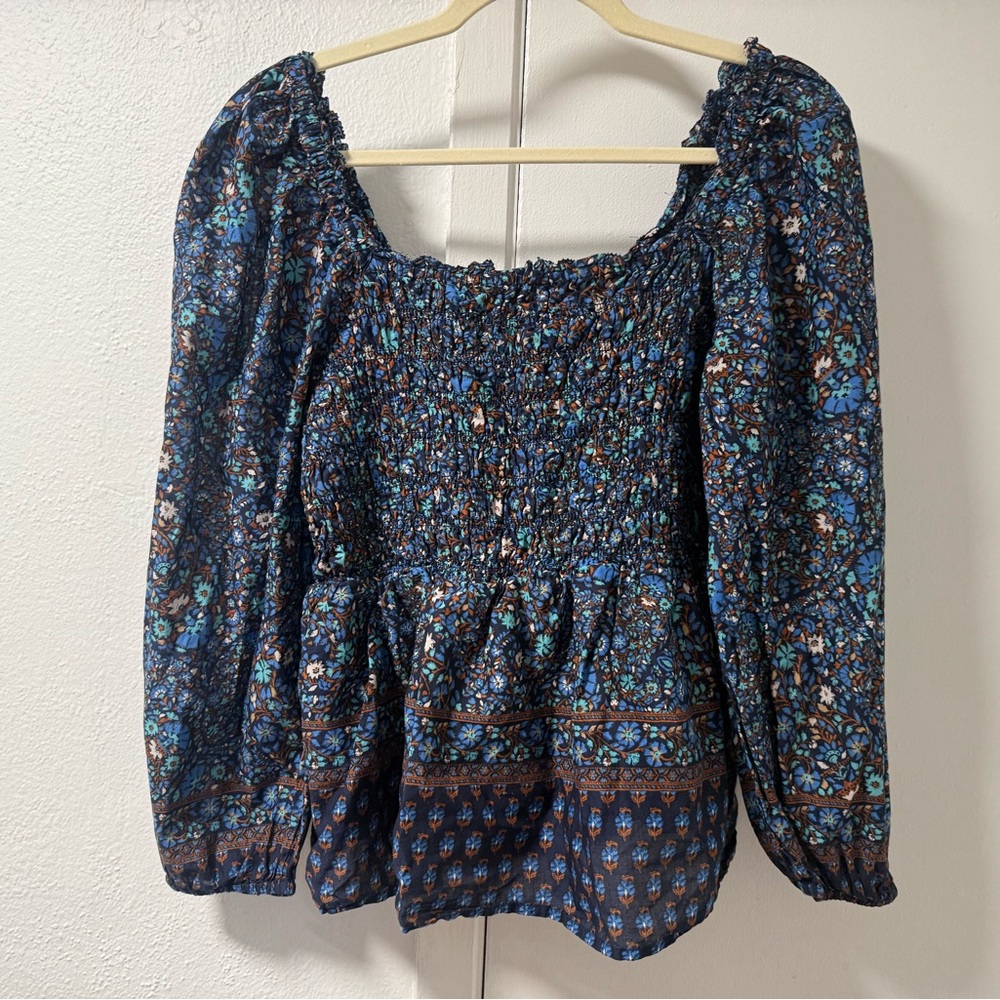 Vineyard Vines Navy Floral Smocked Peasant Blouse